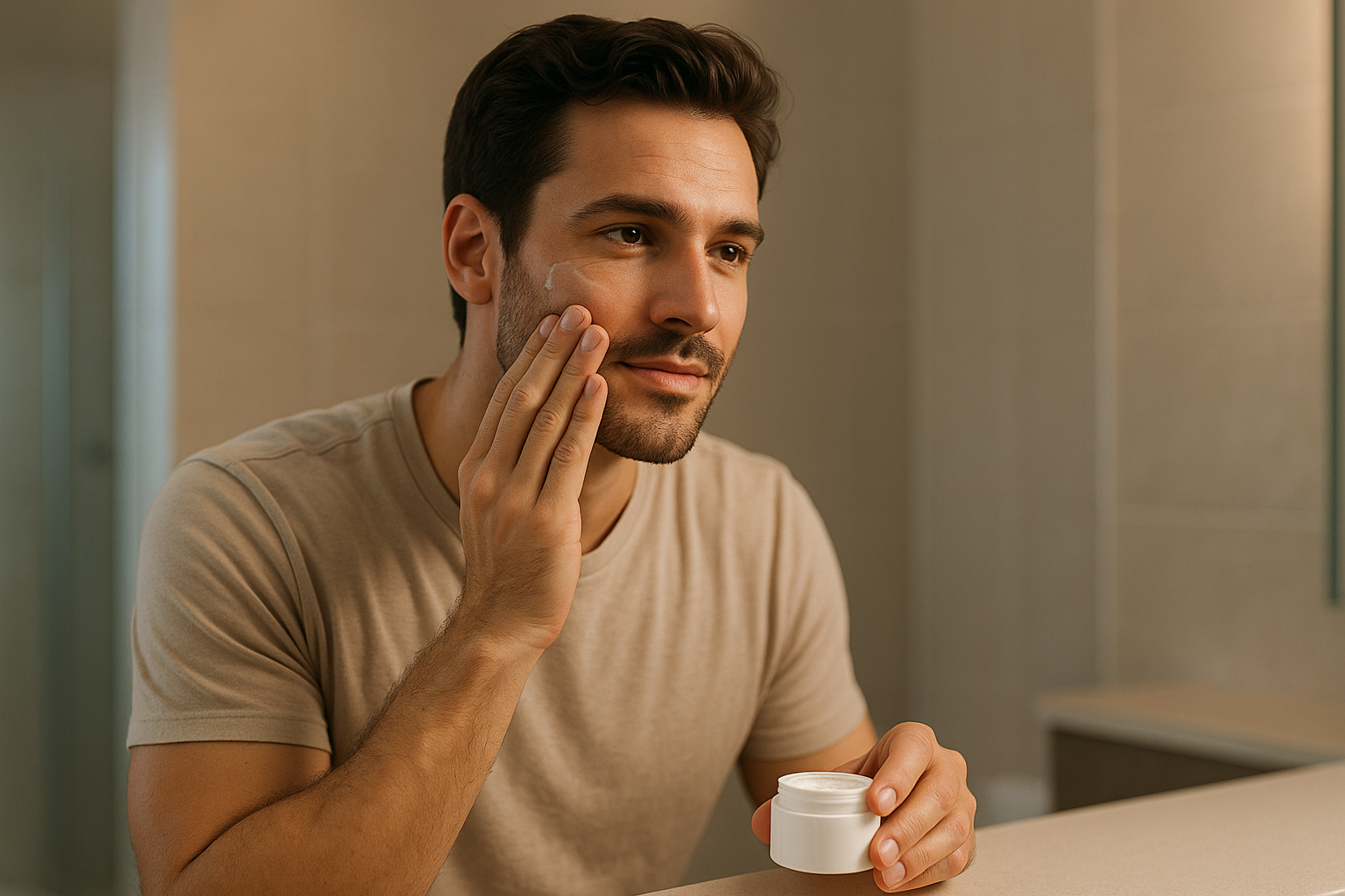man using skin product on face