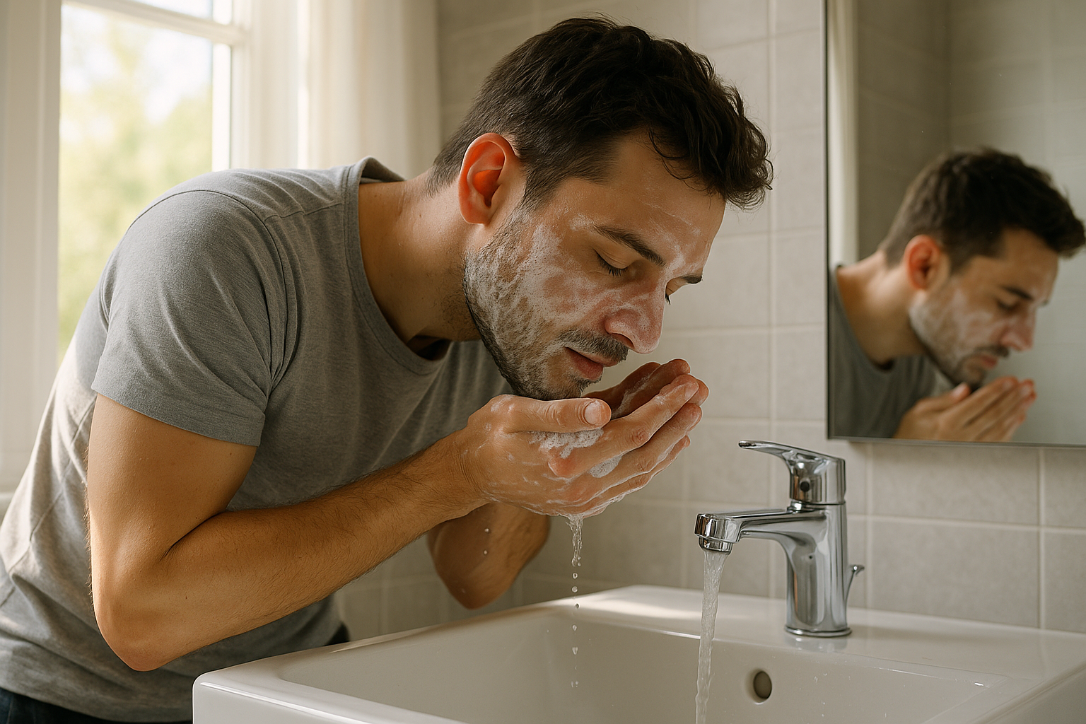 man washing face with soap